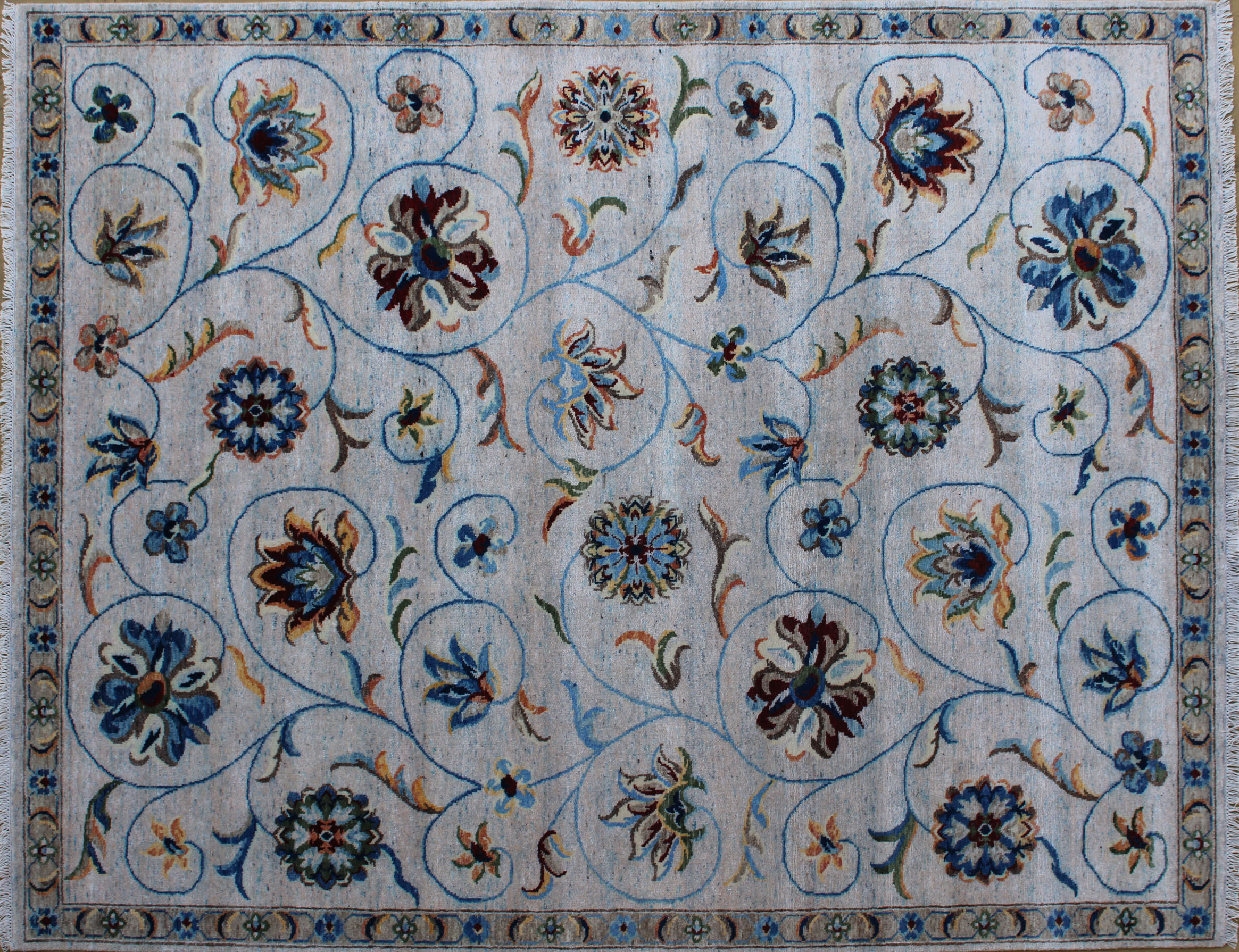 Kerman Oushak mix Ivory Floral Scroll Rug - Handknotted Carpet Manufacturer Mirzapur